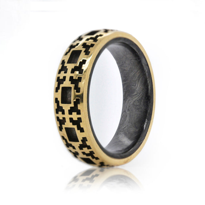 Gold Forged Carbon Fractal Ring